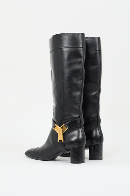 Saint Laurent Black Leather Logo Buckle Knee High Boot