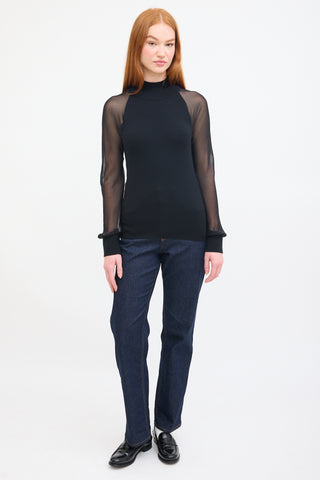 Sally Lapointe Black Cashmere 
Silk Sheer Sleeve Top