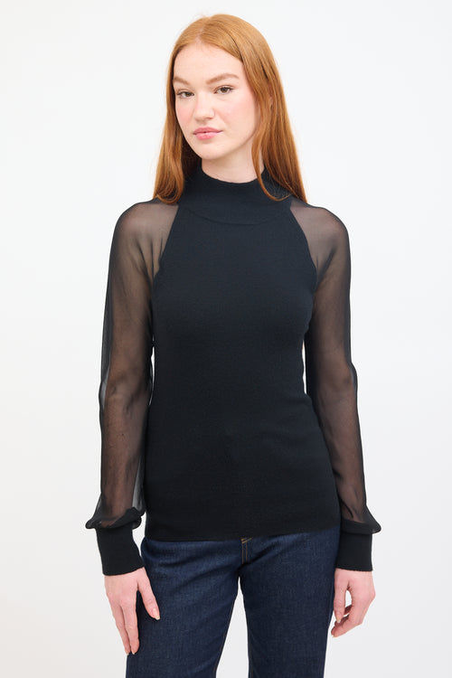 Sally Lapointe Black Cashmere 
Silk Sheer Sleeve Top