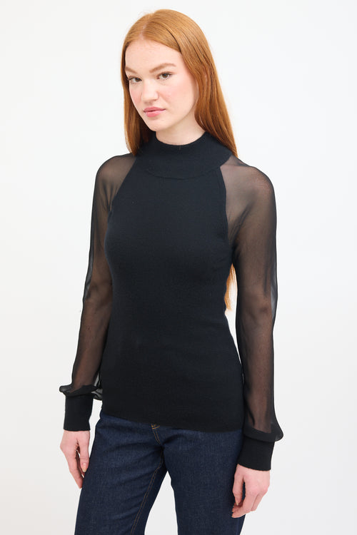 Sally Lapointe Black Cashmere 
Silk Sheer Sleeve Top