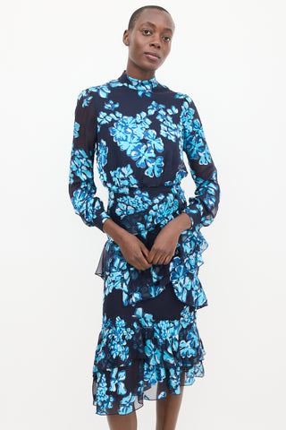 Saloni Blue Floral Ruffled Dress