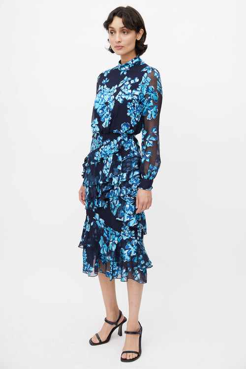 Saloni Blue Floral Ruffled Dress