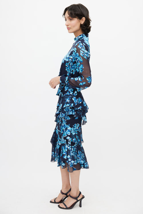 Saloni Blue Floral Ruffled Dress