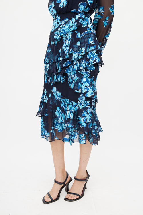 Saloni Blue Floral Ruffled Dress