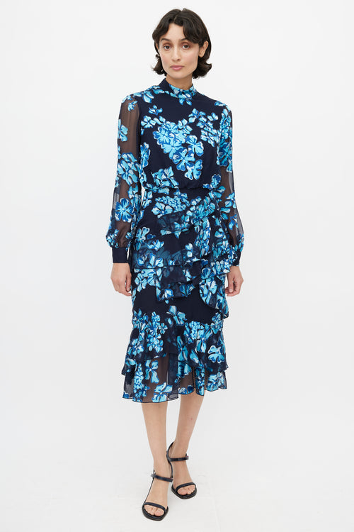 Saloni Blue Floral Ruffled Dress