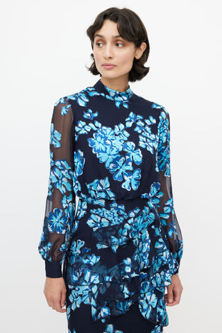 Saloni Blue Floral Ruffled Dress