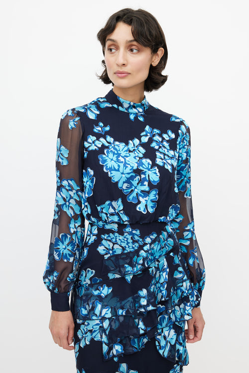 Saloni Blue Floral Ruffled Dress