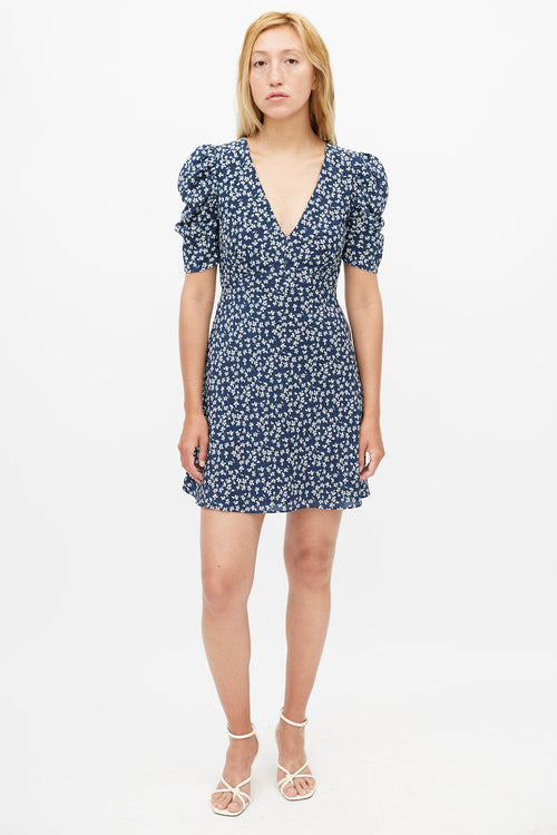 Saloni Blue 
White Silk Floral Mini Dress