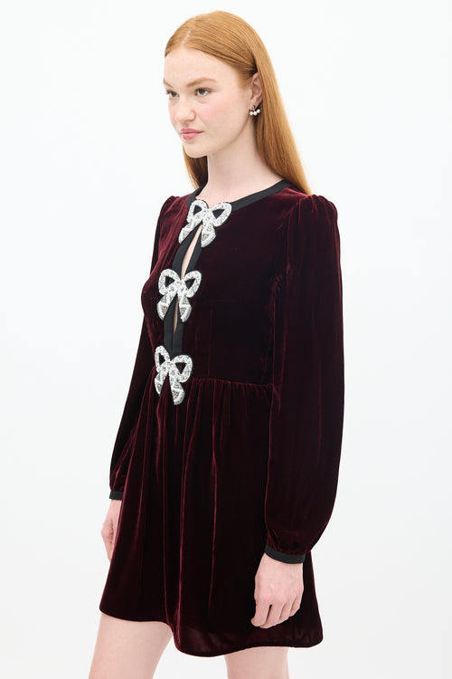 Saloni Burgundy Velvet Camille Bows Embellished Mini Dress