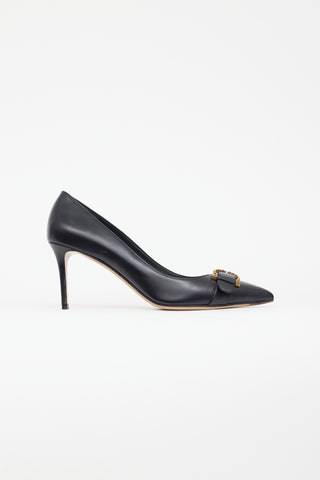 Ferragamo Black Leather Gold Buckle Pump