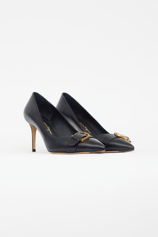 Ferragamo Black Leather Gold Buckle Pump