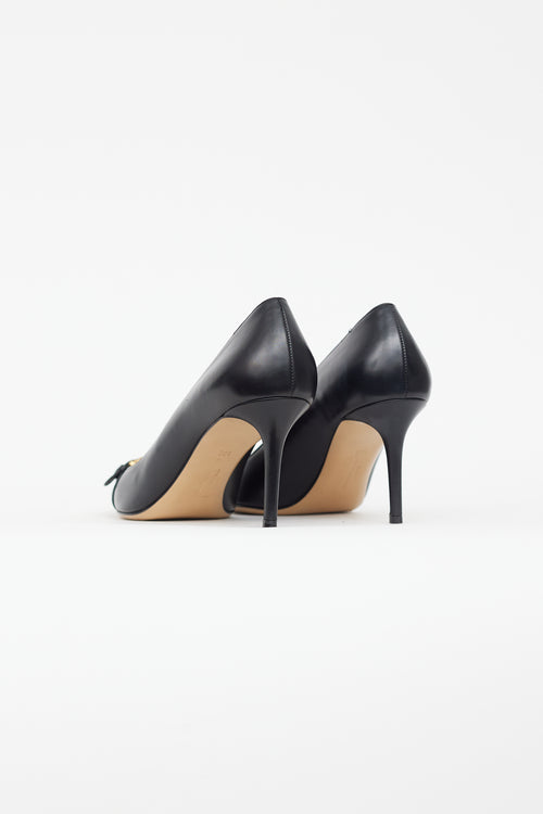 Ferragamo Black Leather Gold Buckle Pump