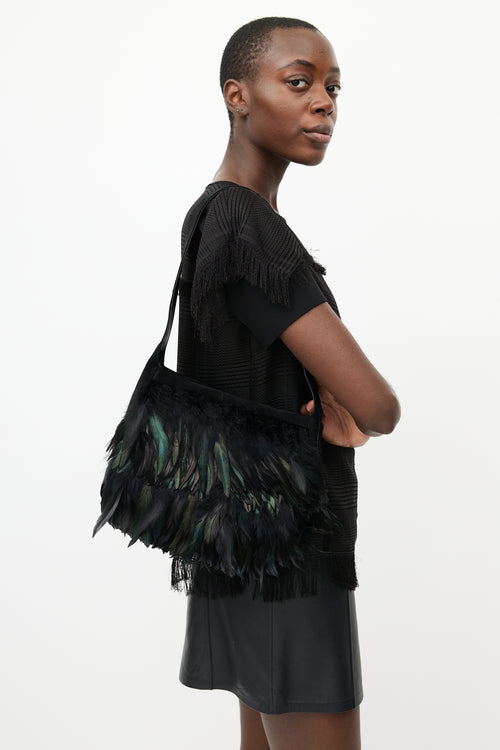 Salvatore Ferragamo Black Feather Suede Bag