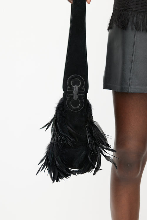 Salvatore Ferragamo Black Feather Suede Bag