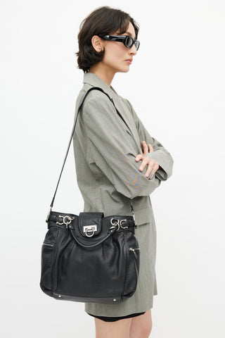 Salvatore Ferragamo Black 
Silver Gancini Shoulder Bag