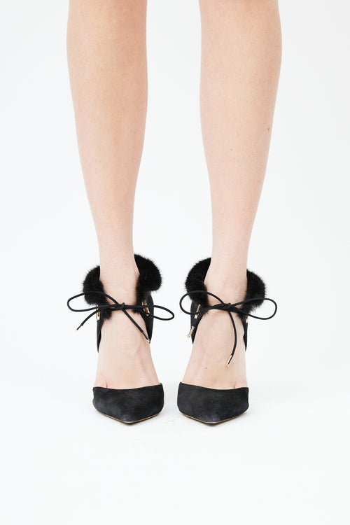  Black Suede 
Fur Trim Pump