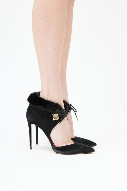  Black Suede 
Fur Trim Pump