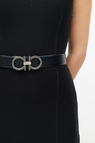 Salvatore Ferragamo Black 
Silver Chainlink Logo Belt