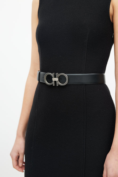 Salvatore Ferragamo Black 
Silver Chainlink Logo Belt