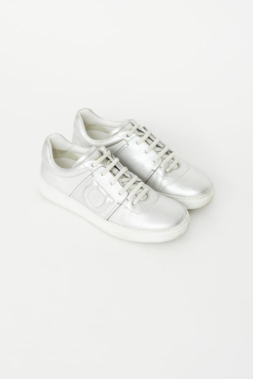 Salvatore Ferragamo Silver Leather Logo Sneaker