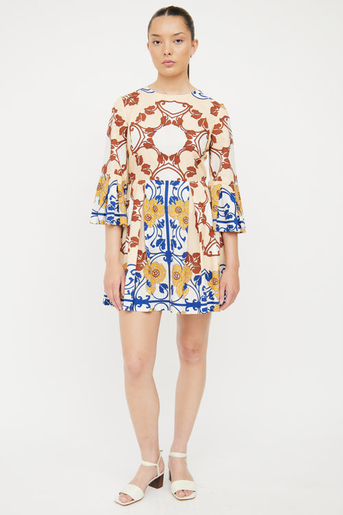 Sandro Beige 
Multi Cotton Bell Sleeve Dress