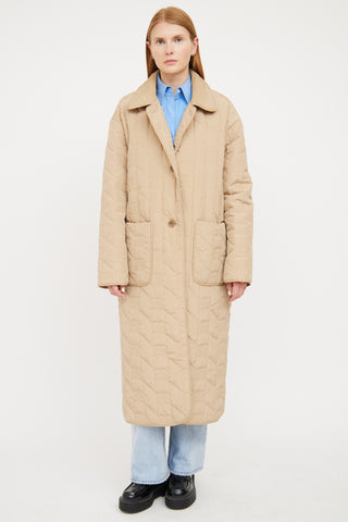 Sandro Beige Quilted Long Logo Jacket