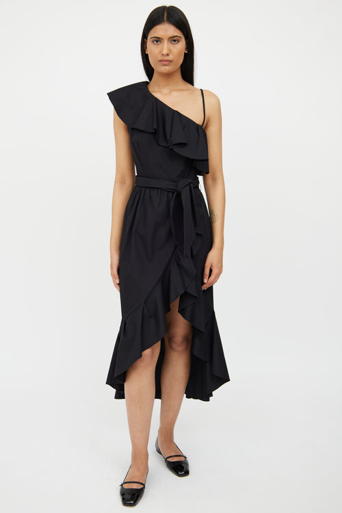 Sandro Black Ruffle One Shoulder Dress