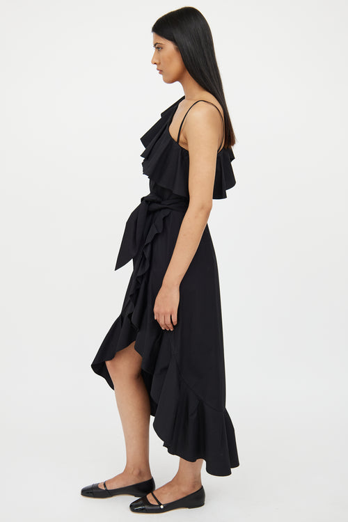 Sandro Black Ruffle One Shoulder Dress