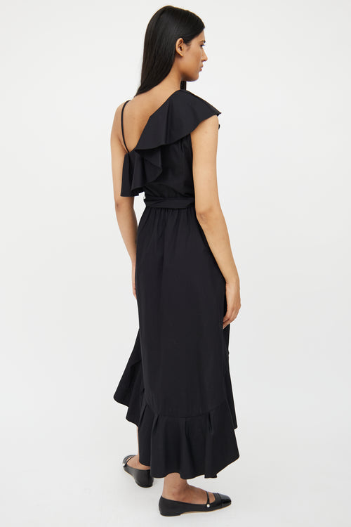 Sandro Black Ruffle One Shoulder Dress