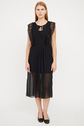 Sandro Black Sheer Pleat 
Ruffle Dress