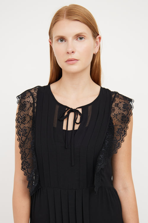 Sandro Black Sheer Pleat 
Ruffle Dress