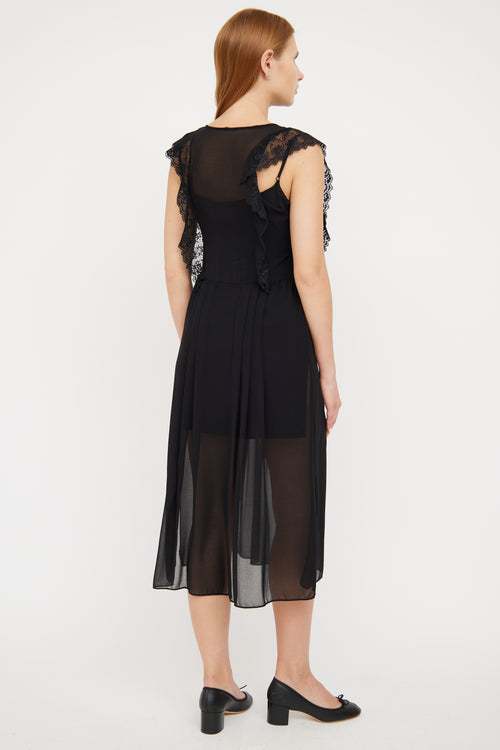 Sandro Black Sheer Pleat 
Ruffle Dress