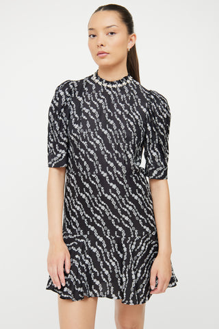 Sandro Black 
White Pattern Silk Blend Dress