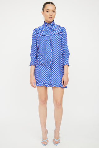 Sandro Blue Ruffle 
Pattern Shirt Dress