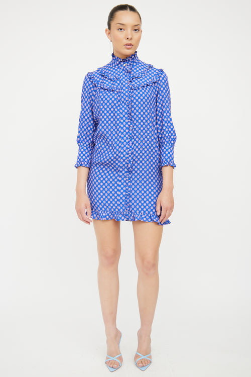 Sandro Blue Ruffle 
Pattern Shirt Dress