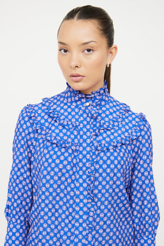 Sandro Blue Ruffle 
Pattern Shirt Dress