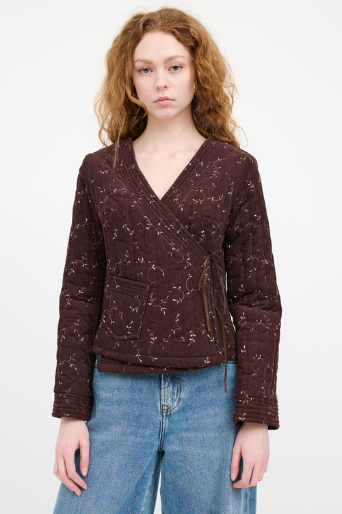 Sandro Brown Corduroy Wrap Floral Jacket