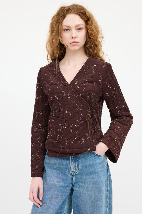 Sandro Brown Corduroy Wrap Floral Jacket