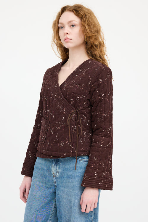 Sandro Brown Corduroy Wrap Floral Jacket