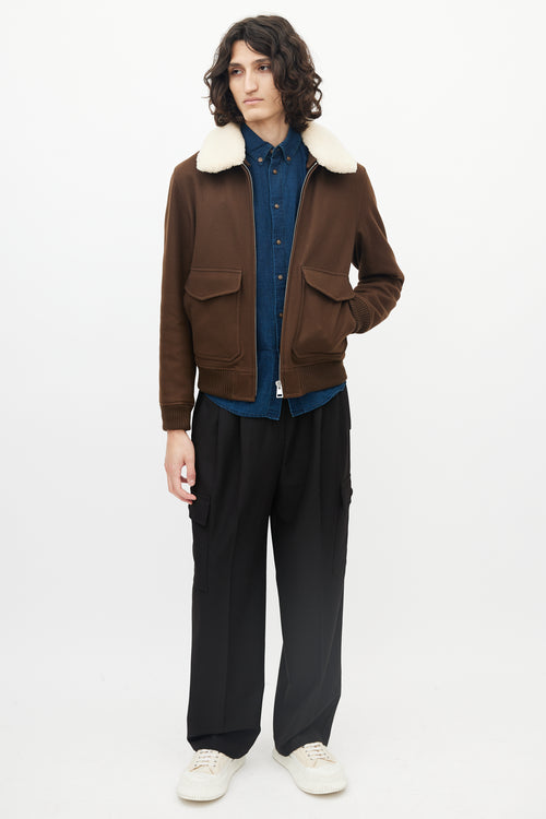 Sandro Brown Wool Shearling Collar Bomber Jacket