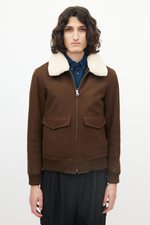 Sandro Brown Wool Shearling Collar Bomber Jacket