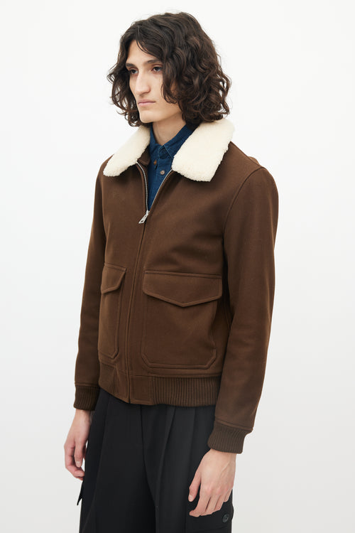 Sandro Brown Wool Shearling Collar Bomber Jacket