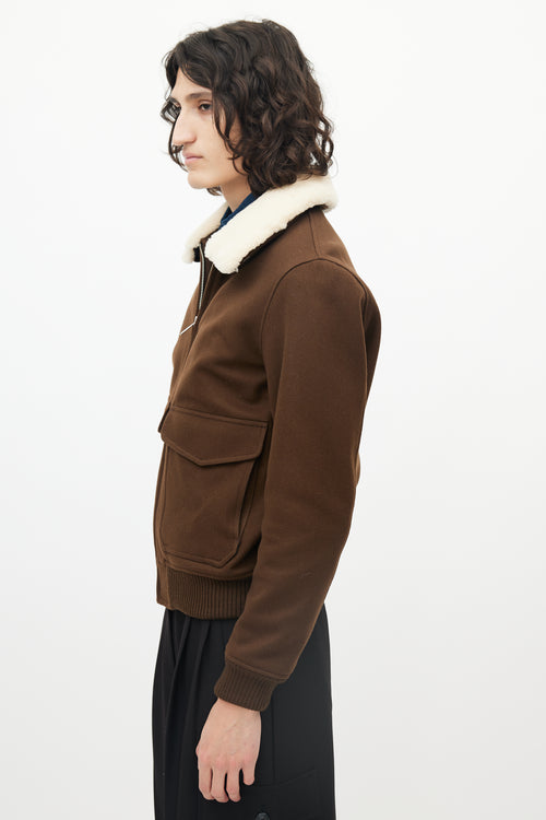 Sandro Brown Wool Shearling Collar Bomber Jacket