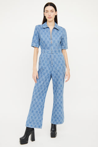 Sandro Blue Denim Logo Zip Jumpsuit