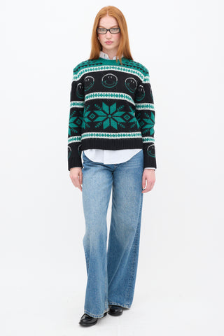 Sandro Green 
Black Wool Smiley Intarsia Sweater