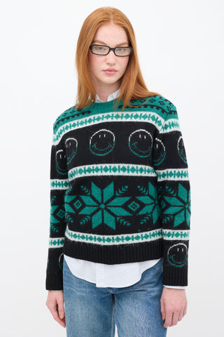 Sandro Green 
Black Wool Smiley Intarsia Sweater