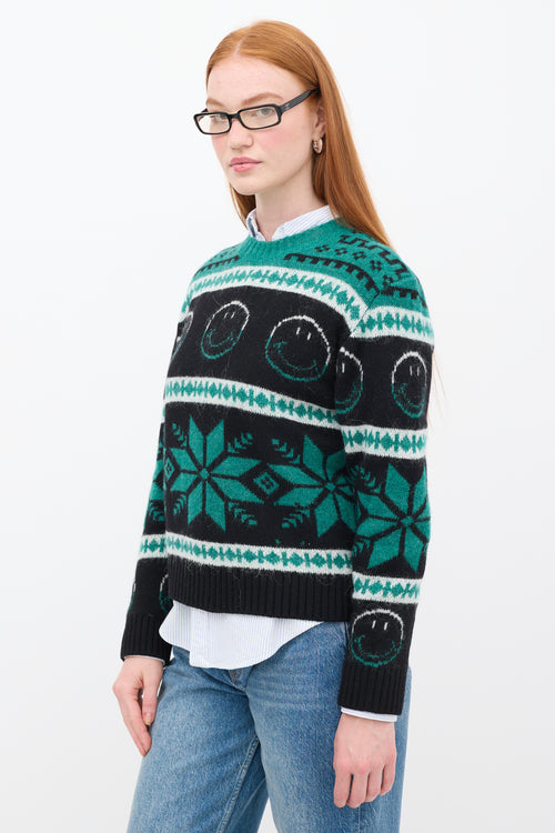 Sandro Green 
Black Wool Smiley Intarsia Sweater