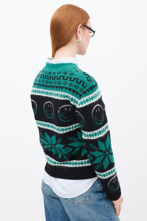 Sandro Green 
Black Wool Smiley Intarsia Sweater