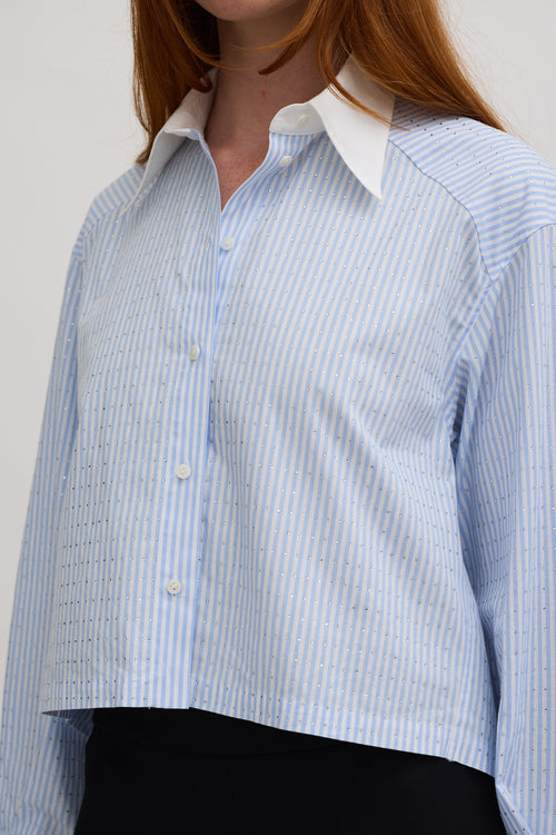 Sandro Light Blue 
White Sylvann Embellished Striped Shirt