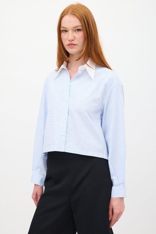 Sandro Light Blue 
White Sylvann Embellished Striped Shirt